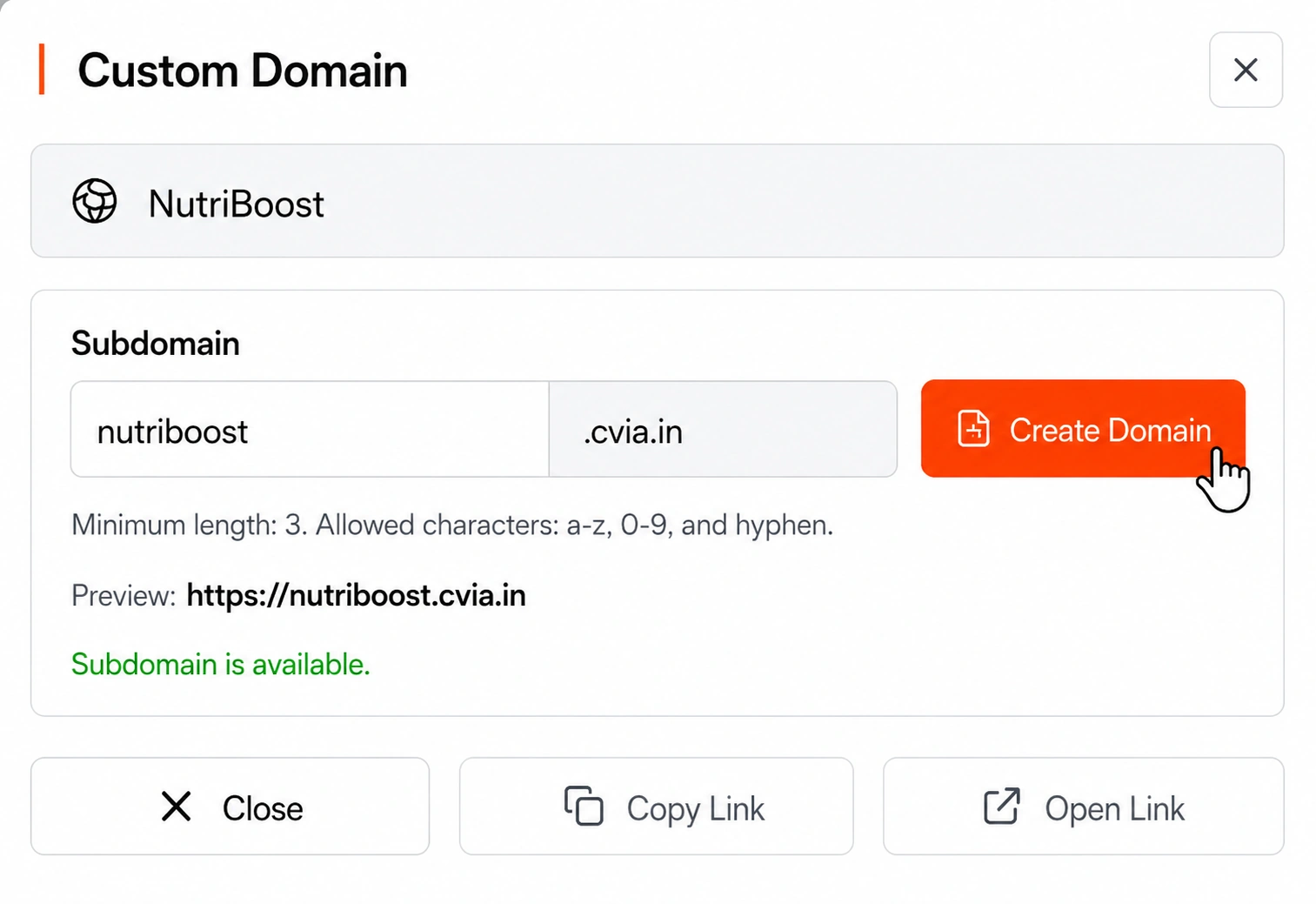 Cortexvia create domain screen for chatbot links
