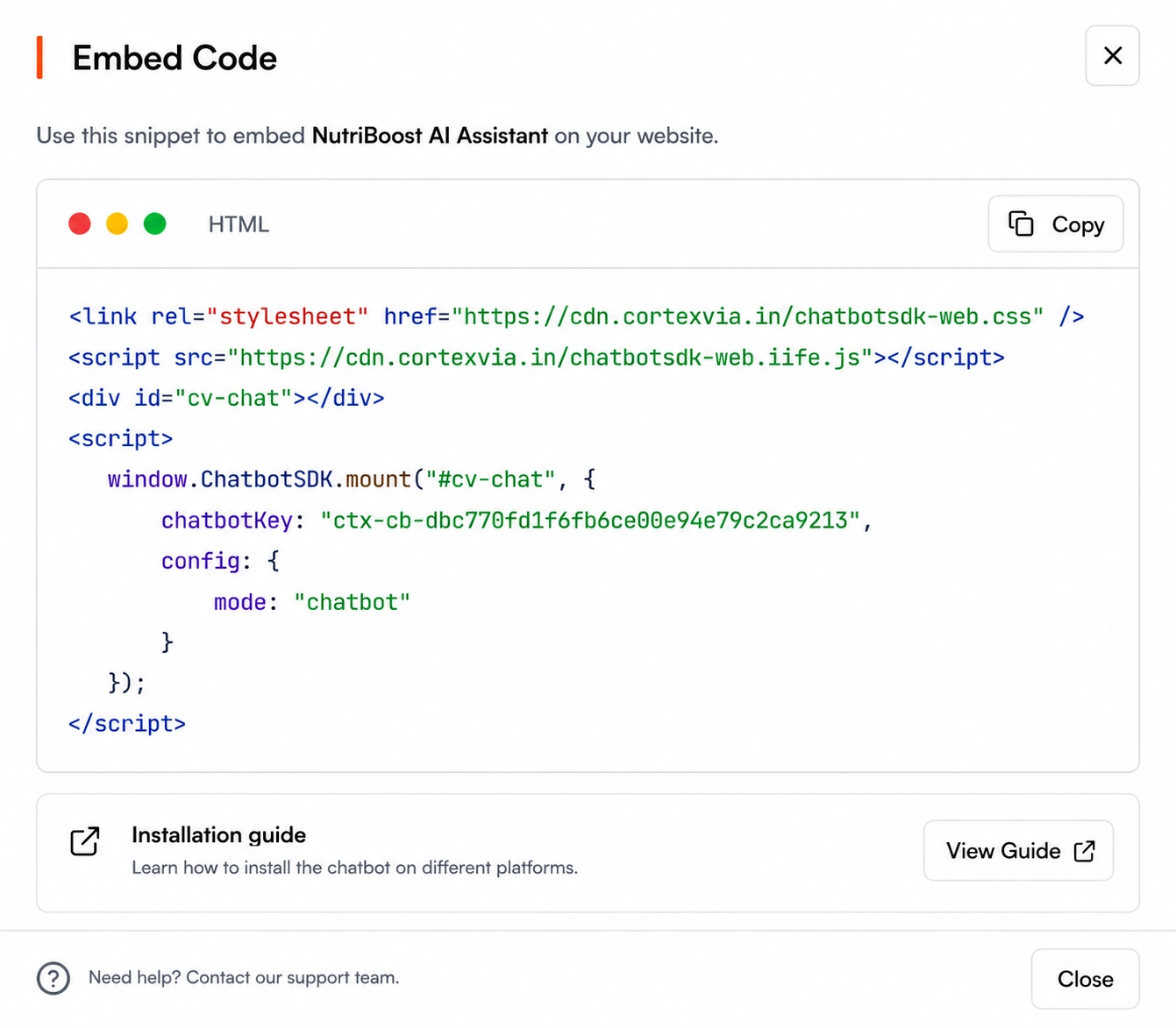 Cortexvia embed code screen for adding a chatbot to a website