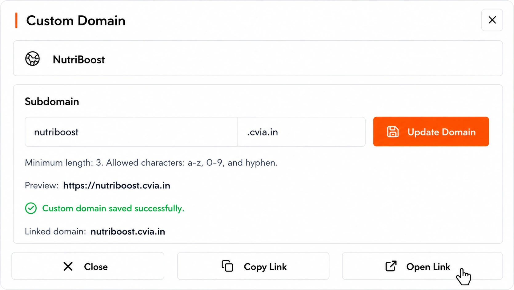 Cortexvia open link screen for a chatbot page